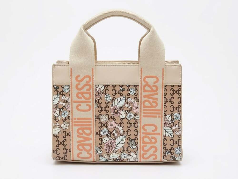 Cavalli Class Serafina Top Handle Tote Floral Logo Beige Orange Handbag